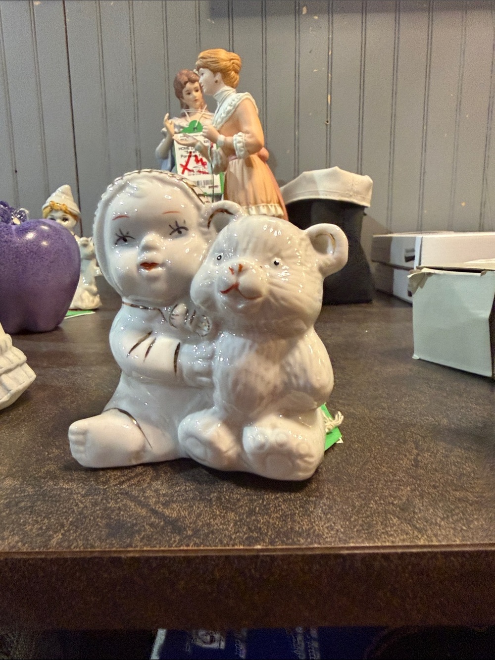 Home Essentials White Ceramic Child with Bear Figurine